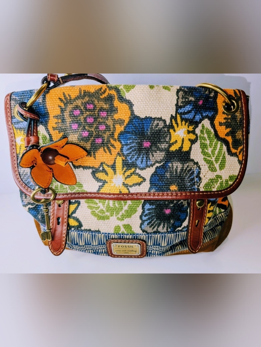 Fossil Floral Long Live Vintage Tapestry Bag Purse Suede Bottom BOHO